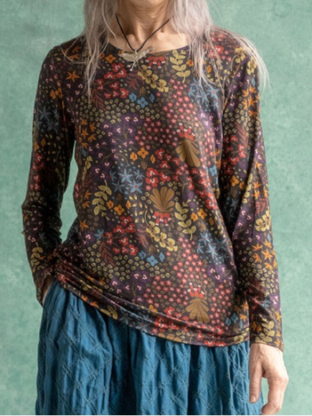 Gudrun Sjoden Ylfa Dark Floral Jersey Top T-shirt Size XL Long Sleeves Casual